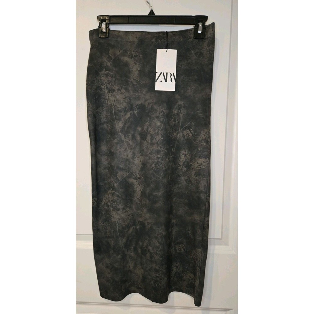 NWT Zara Ribbed Knit Cotton Blend Stretch High Rise Midi Skirt Gray Wash Size S